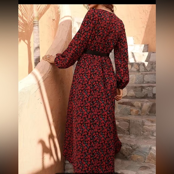 Floral Print V Neck Dress, Elegant Long Sleeve High Waist Maxi Dress, Women - Picture 2 of 5
